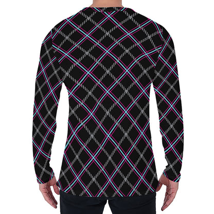 Black Grey Blue And Pink Tartan Print Men's Long Sleeve T-Shirt