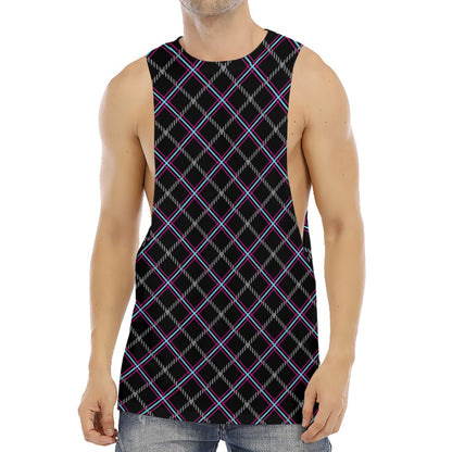 Black Grey Blue And Pink Tartan Print Men's Muscle Tank Top