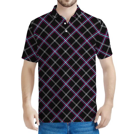 Black Grey Blue And Pink Tartan Print Men's Polo Shirt
