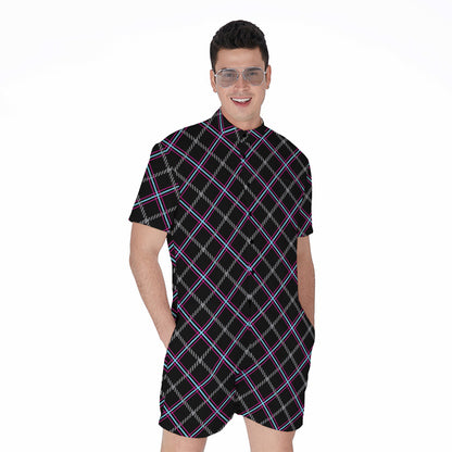 Black Grey Blue And Pink Tartan Print Men's Rompers