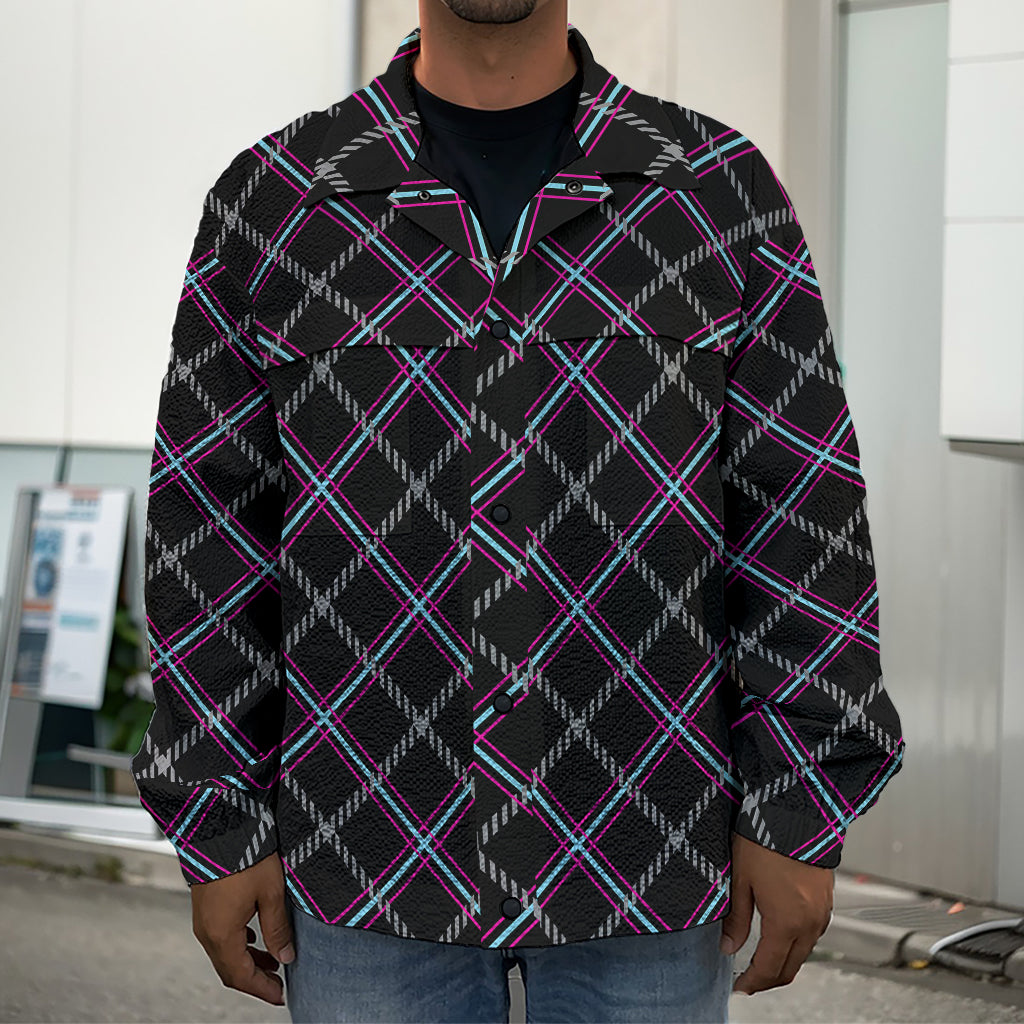Black Grey Blue And Pink Tartan Print Men's Shirt Jacket