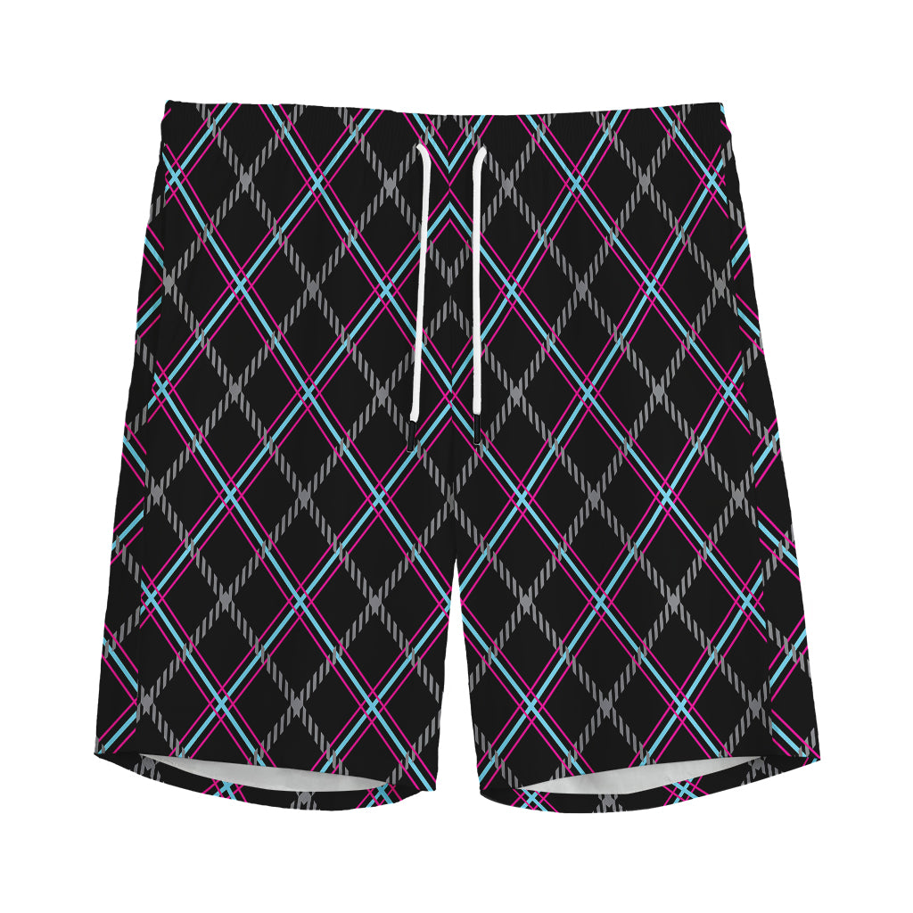 Black Grey Blue And Pink Tartan Print Men's Sports Shorts
