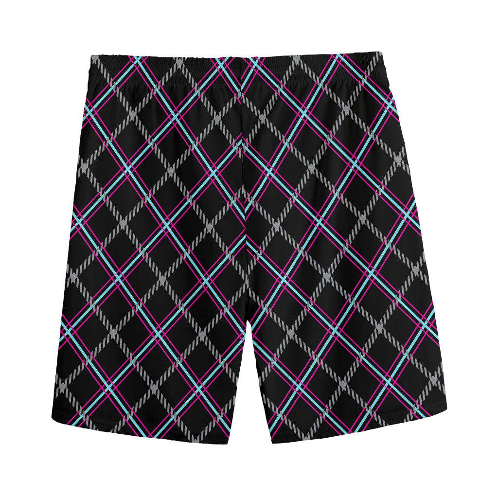 Black Grey Blue And Pink Tartan Print Men's Sports Shorts
