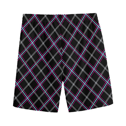 Black Grey Blue And Pink Tartan Print Men's Sports Shorts