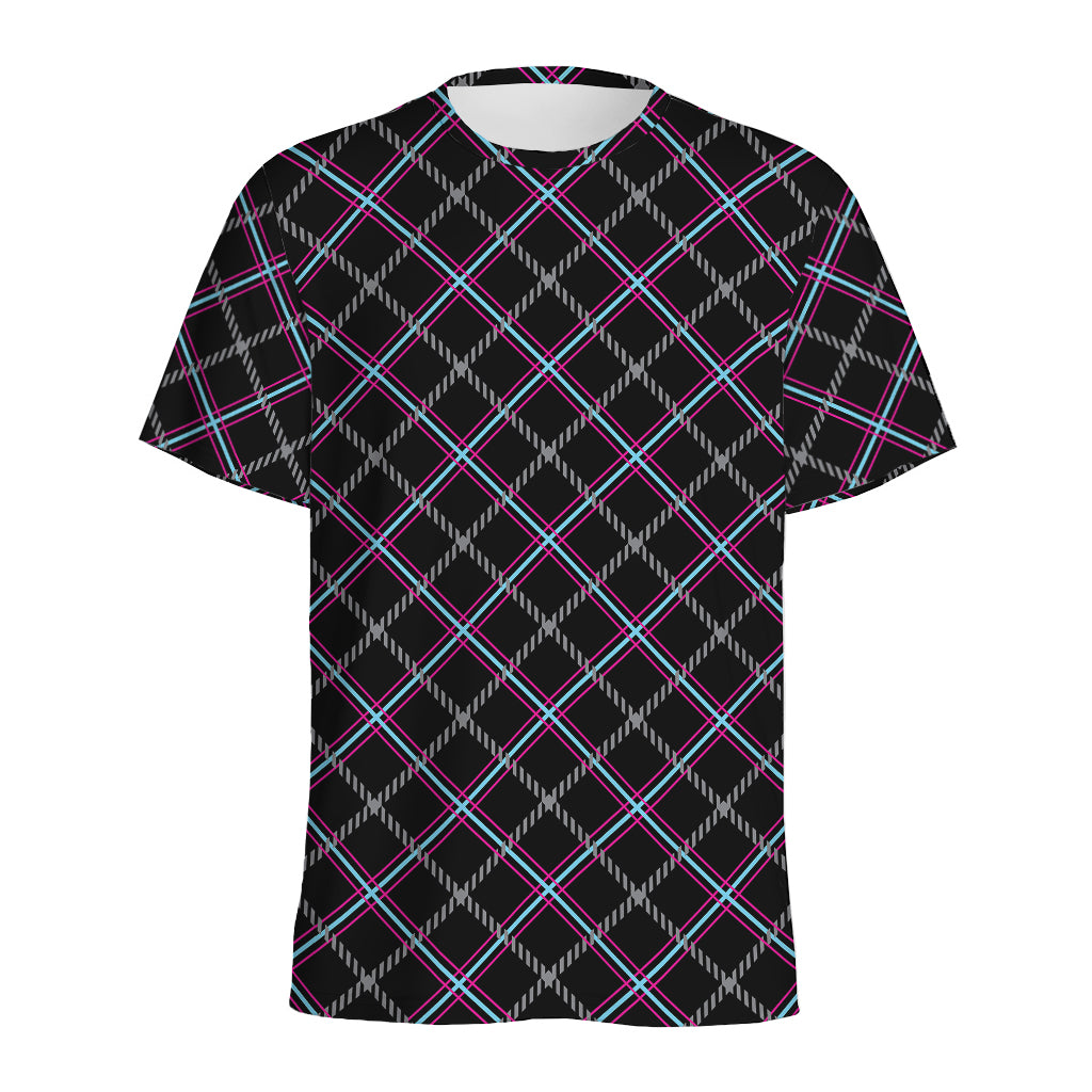 Black Grey Blue And Pink Tartan Print Men's Sports T-Shirt
