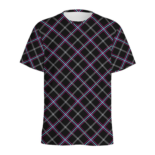 Black Grey Blue And Pink Tartan Print Men's Sports T-Shirt