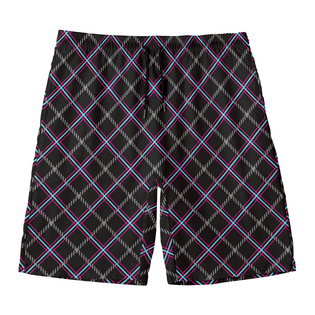 Black Grey Blue And Pink Tartan Print Men's Swim Trunks