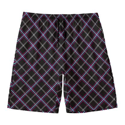 Black Grey Blue And Pink Tartan Print Men's Swim Trunks