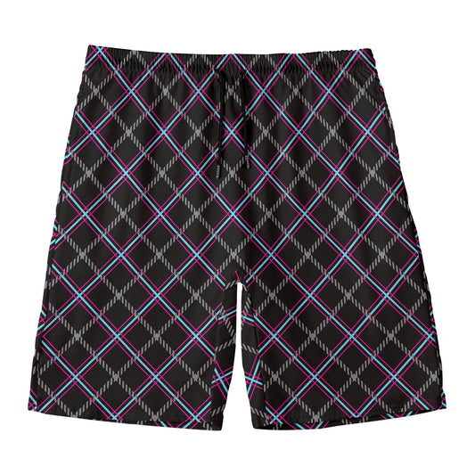 Black Grey Blue And Pink Tartan Print Men's Swim Trunks