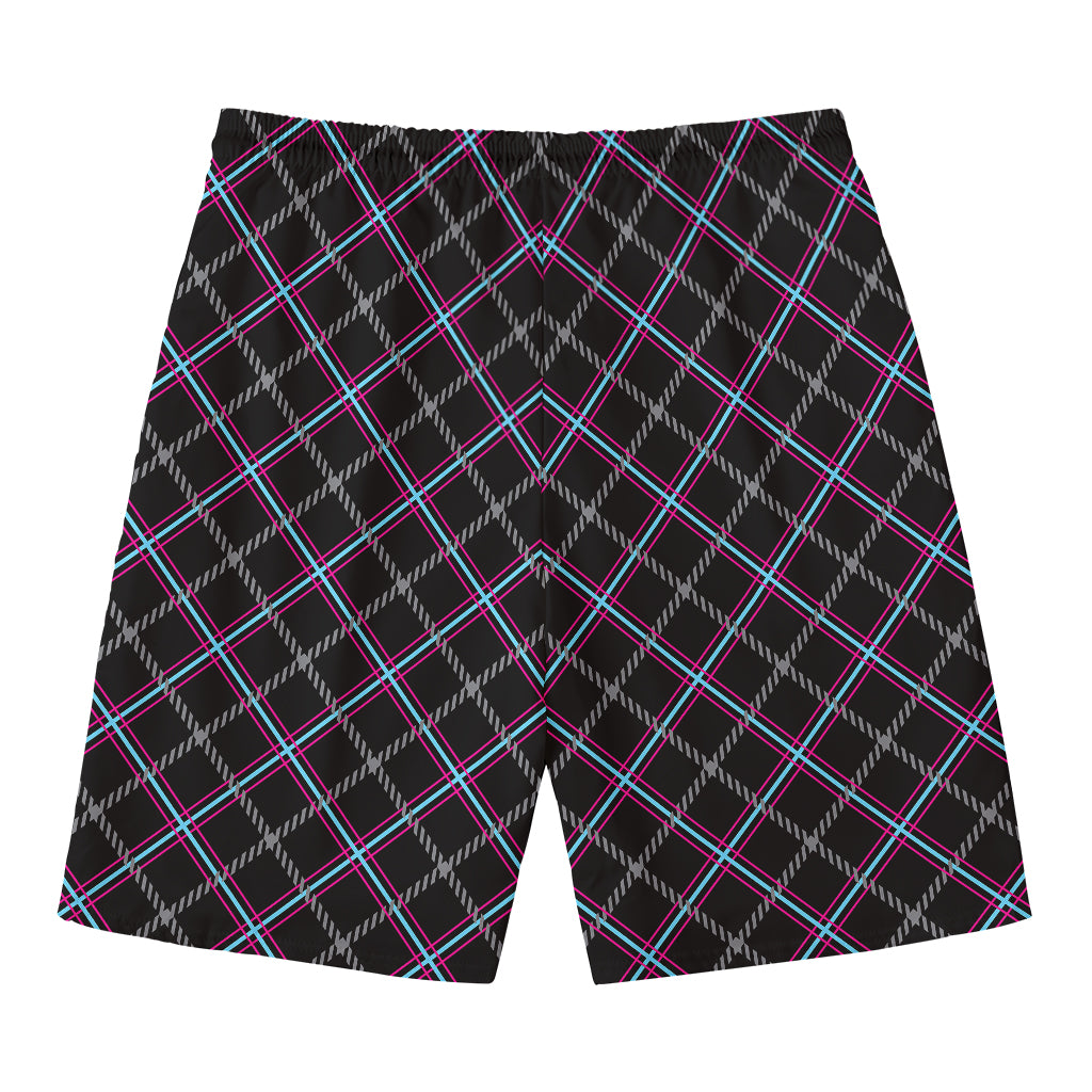 Black Grey Blue And Pink Tartan Print Men's Swim Trunks
