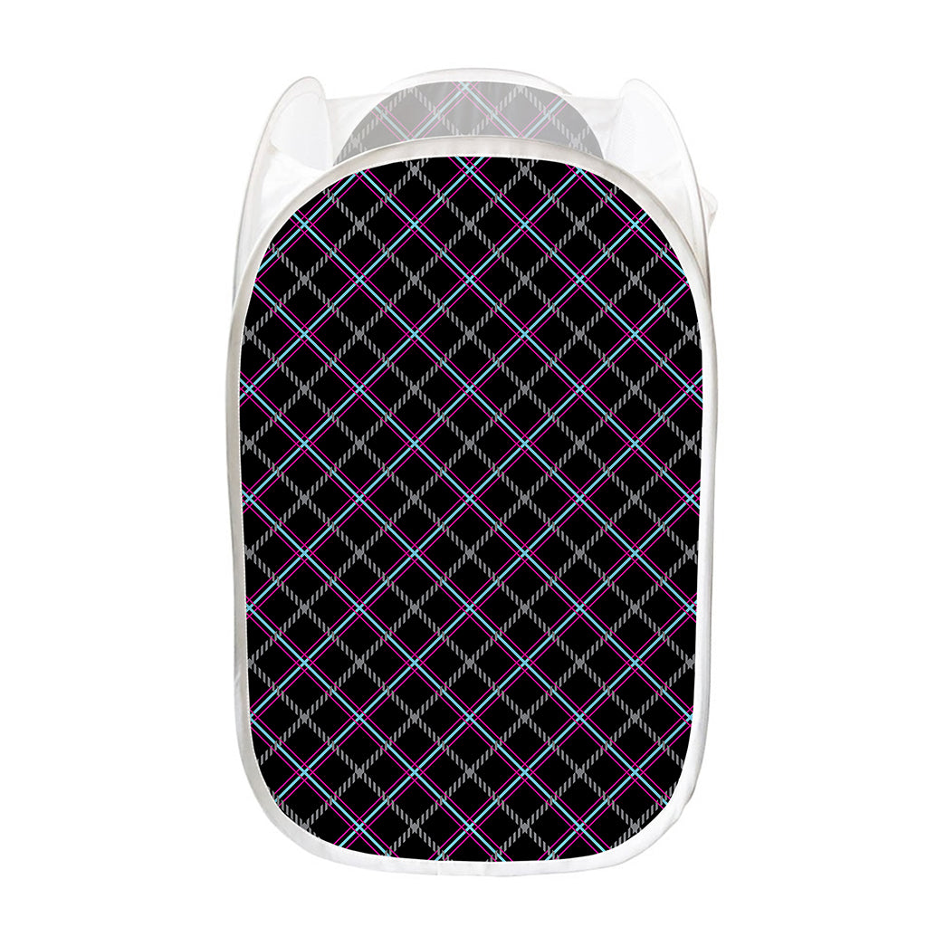 Black Grey Blue And Pink Tartan Print Mesh Laundry Hamper