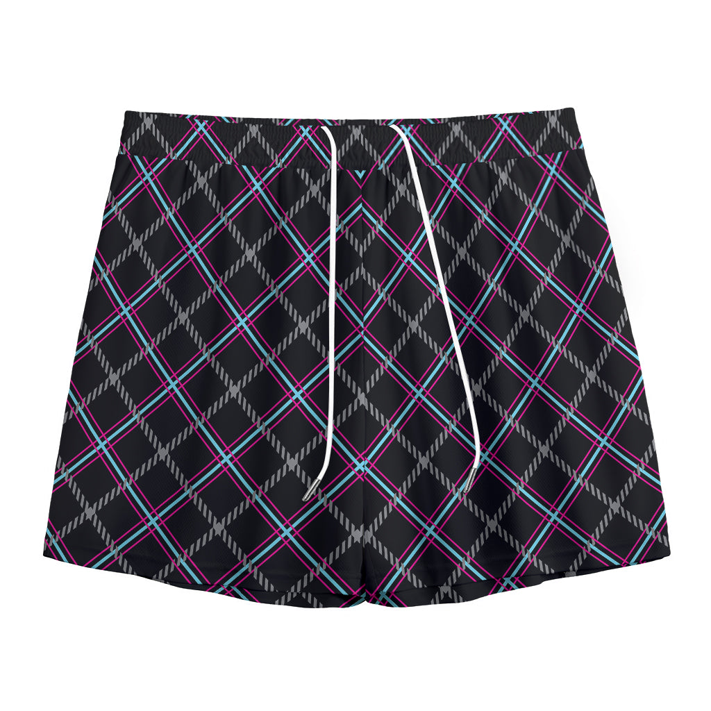 Black Grey Blue And Pink Tartan Print Mesh Shorts