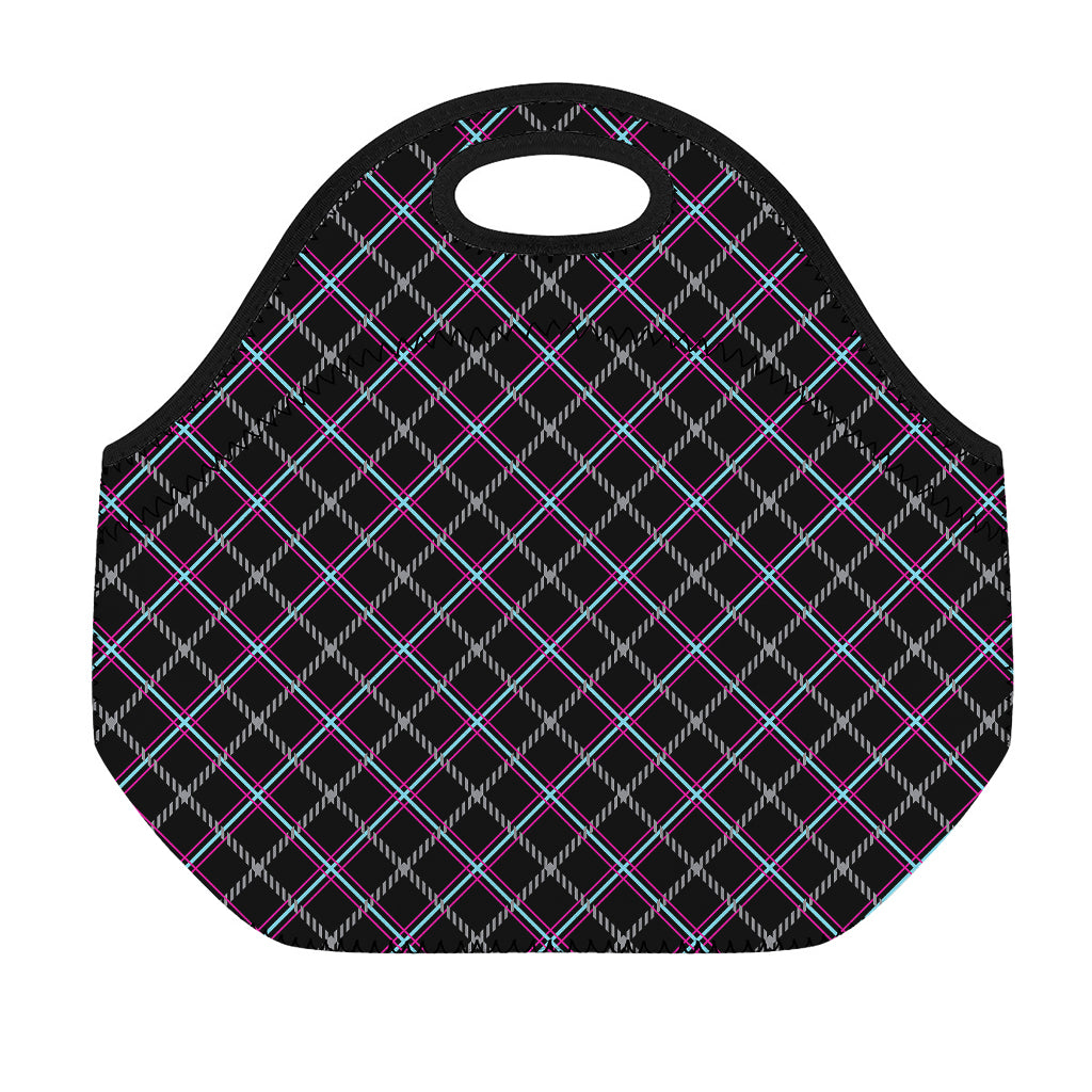 Black Grey Blue And Pink Tartan Print Neoprene Lunch Bag