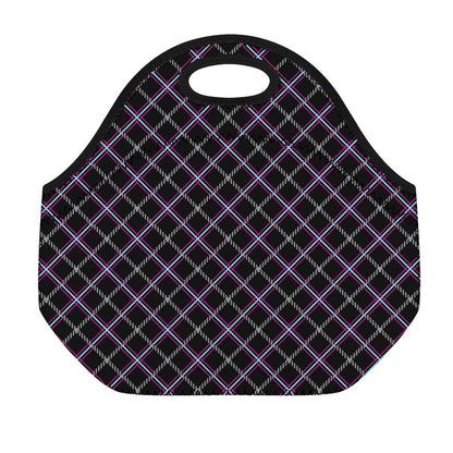 Black Grey Blue And Pink Tartan Print Neoprene Lunch Bag
