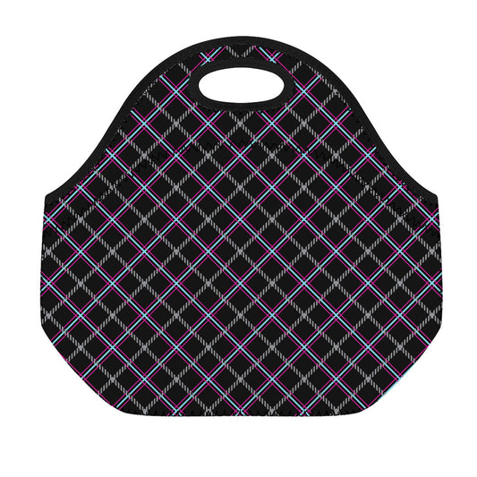 Black Grey Blue And Pink Tartan Print Neoprene Lunch Bag