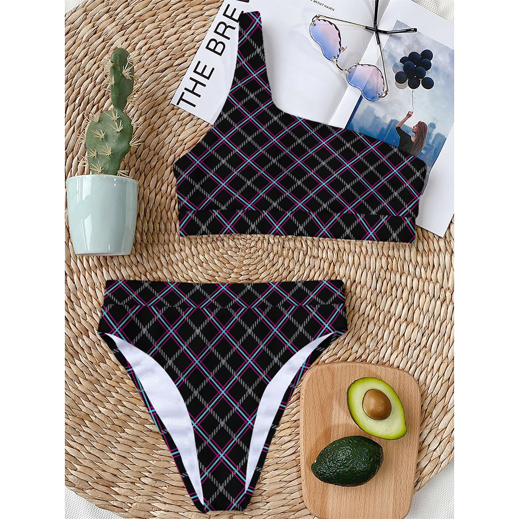 Black Grey Blue And Pink Tartan Print One Shoulder Bikini Top