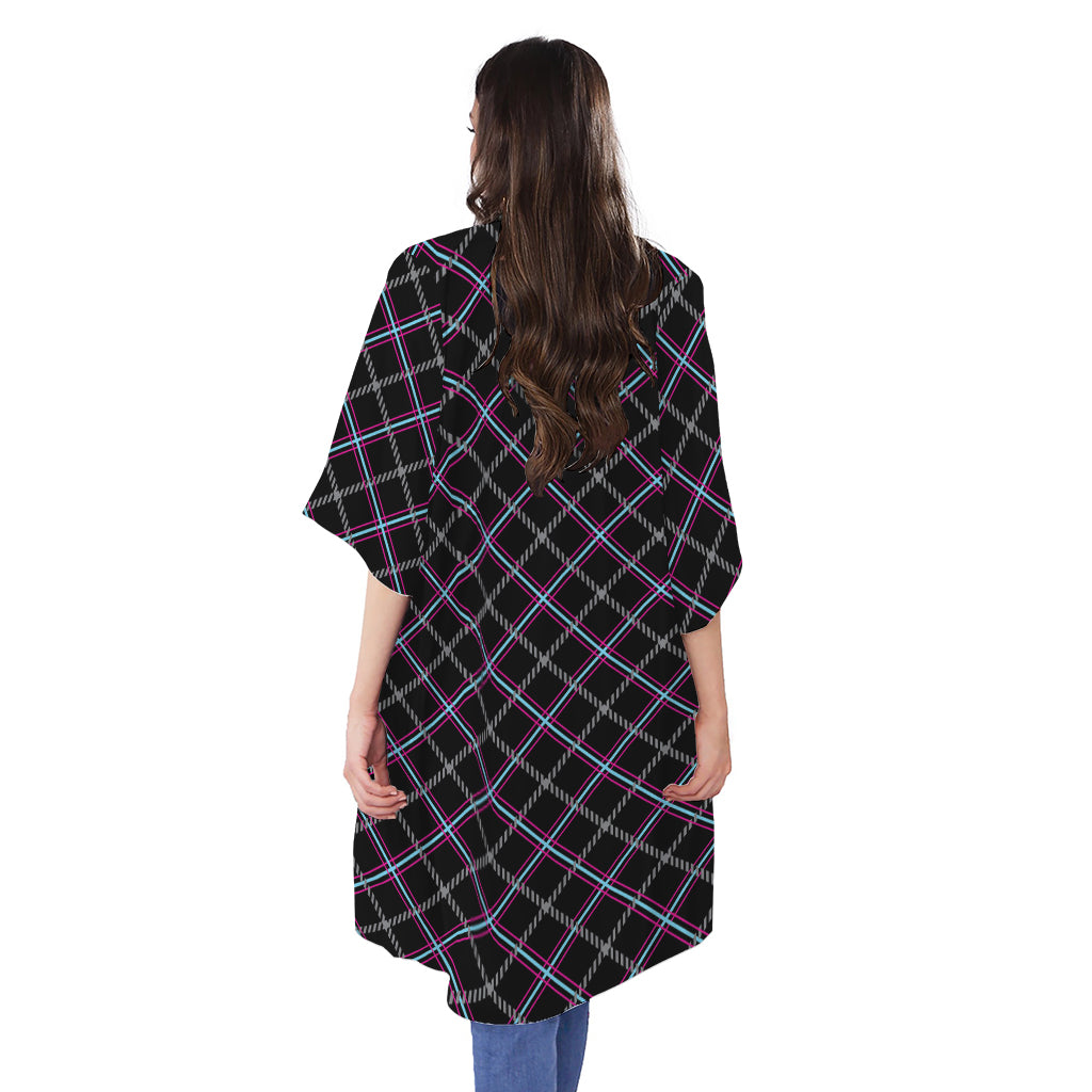 Black Grey Blue And Pink Tartan Print Open Front Beach Cover Up