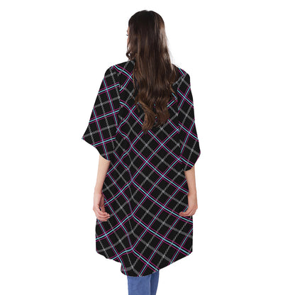 Black Grey Blue And Pink Tartan Print Open Front Beach Cover Up