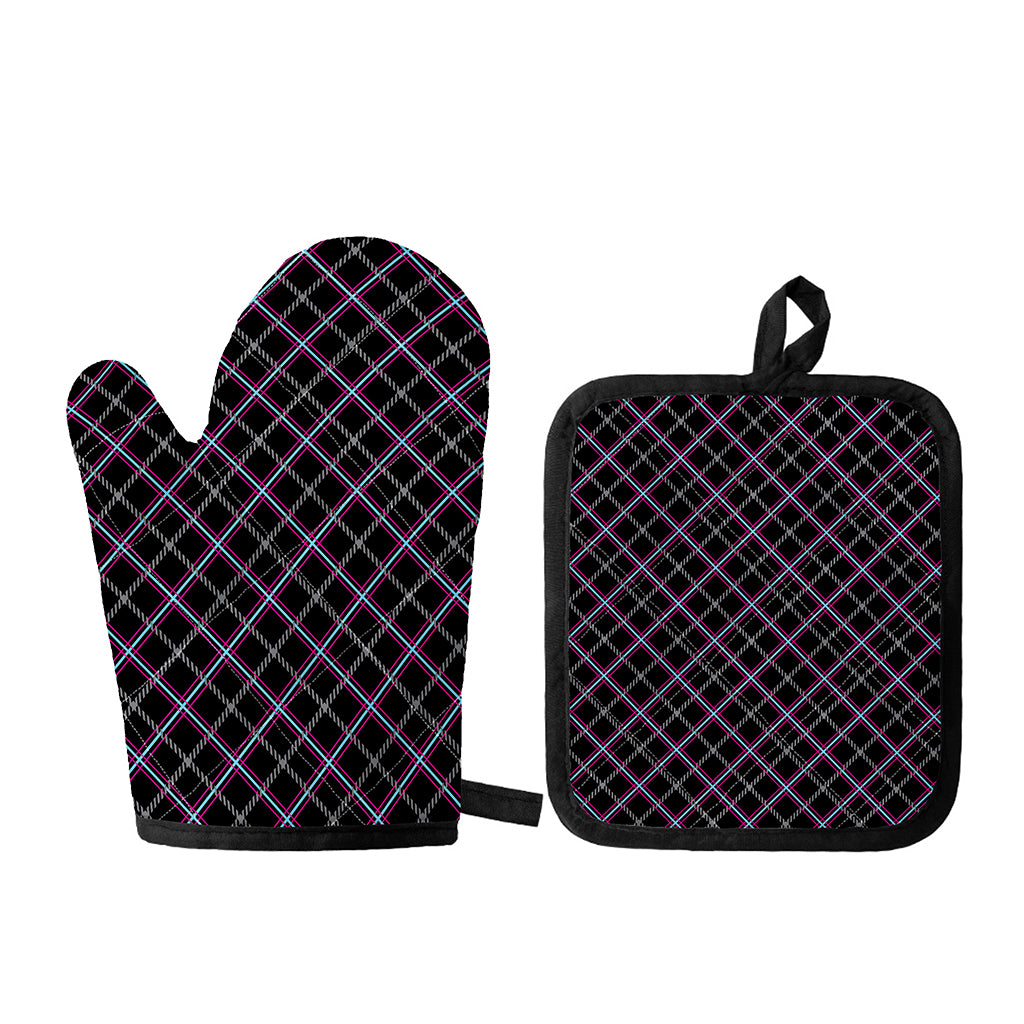 Black Grey Blue And Pink Tartan Print Oven Mitt And Pot Holder Set
