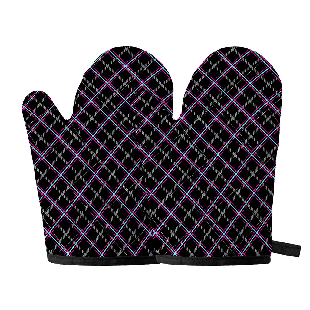 Black Grey Blue And Pink Tartan Print Oven Mitts