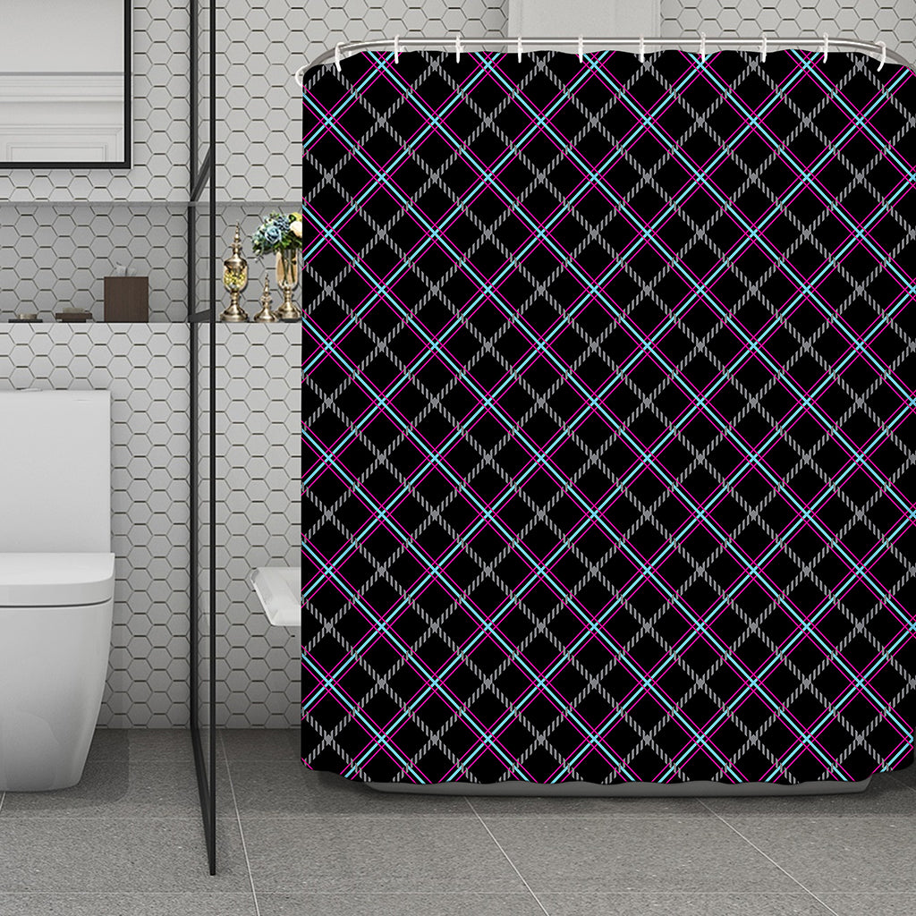 Black Grey Blue And Pink Tartan Print Polyester Shower Curtain