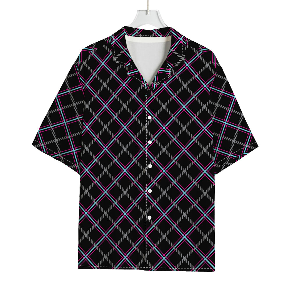 Black Grey Blue And Pink Tartan Print Rayon Hawaiian Shirt