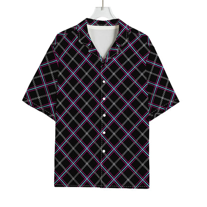 Black Grey Blue And Pink Tartan Print Rayon Hawaiian Shirt