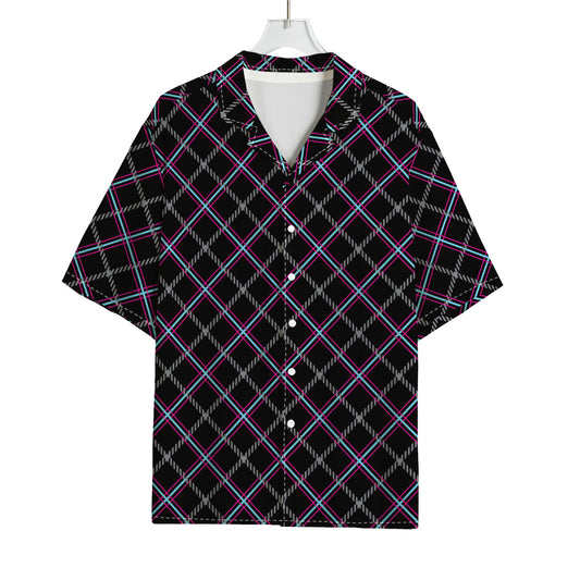 Black Grey Blue And Pink Tartan Print Rayon Hawaiian Shirt