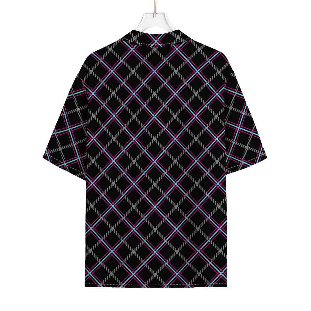 Black Grey Blue And Pink Tartan Print Rayon Hawaiian Shirt