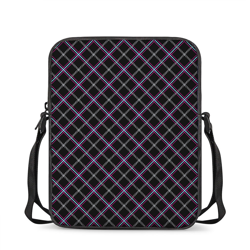 Black Grey Blue And Pink Tartan Print Rectangular Crossbody Bag