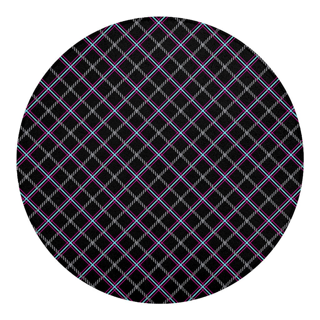 Black Grey Blue And Pink Tartan Print Round Blanket