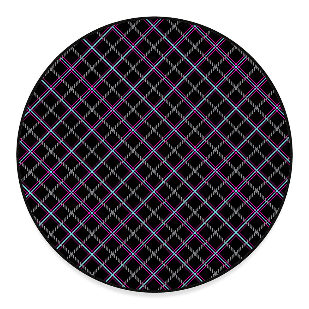 Black Grey Blue And Pink Tartan Print Round Floor Mat
