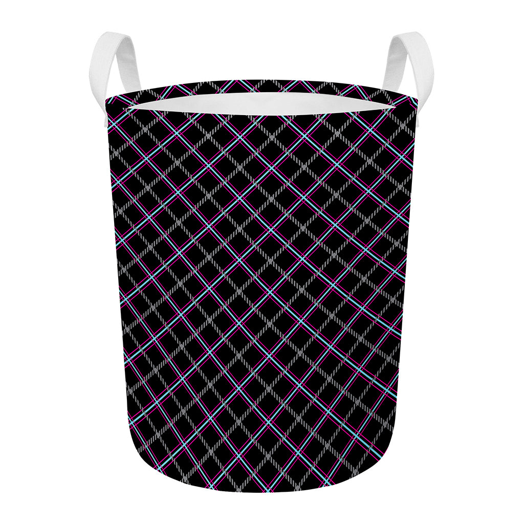Black Grey Blue And Pink Tartan Print Round Laundry Basket