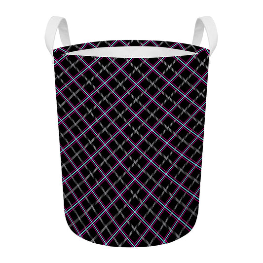 Black Grey Blue And Pink Tartan Print Round Laundry Basket