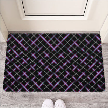 Black Grey Blue And Pink Tartan Print Rubber Doormat