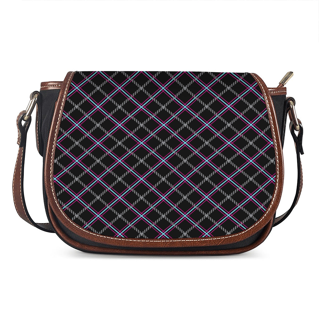 Black Grey Blue And Pink Tartan Print Saddle Bag