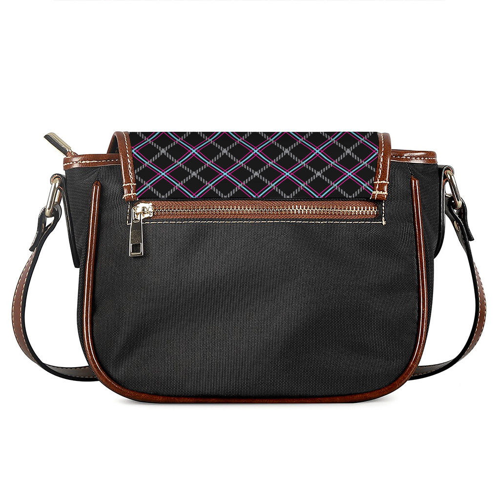 Black Grey Blue And Pink Tartan Print Saddle Bag