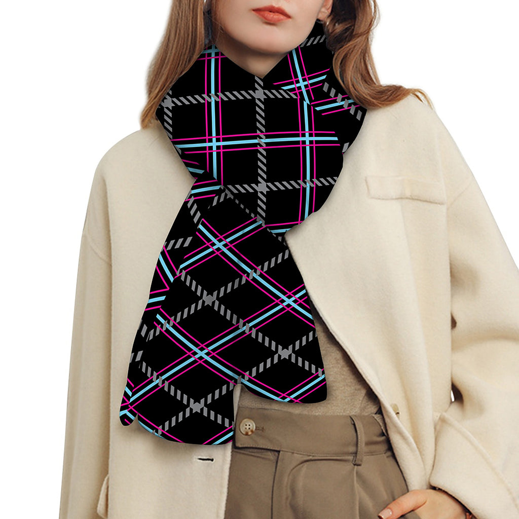 Black Grey Blue And Pink Tartan Print Scarf