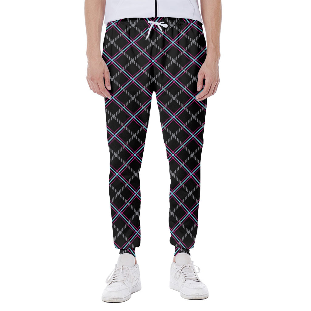 Black Grey Blue And Pink Tartan Print Scuba Joggers