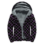 Black Grey Blue And Pink Tartan Print Sherpa Lined Zip Up Hoodie