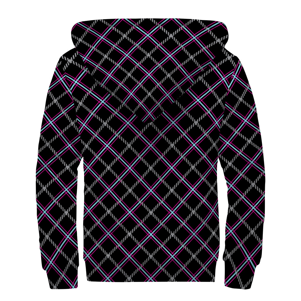 Black Grey Blue And Pink Tartan Print Sherpa Lined Zip Up Hoodie