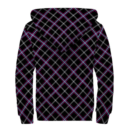 Black Grey Blue And Pink Tartan Print Sherpa Lined Zip Up Hoodie