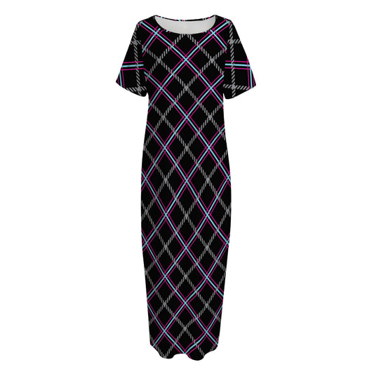 Black Grey Blue And Pink Tartan Print Short Sleeve Long Nightdress