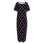 Black Grey Blue And Pink Tartan Print Short Sleeve Long Nightdress