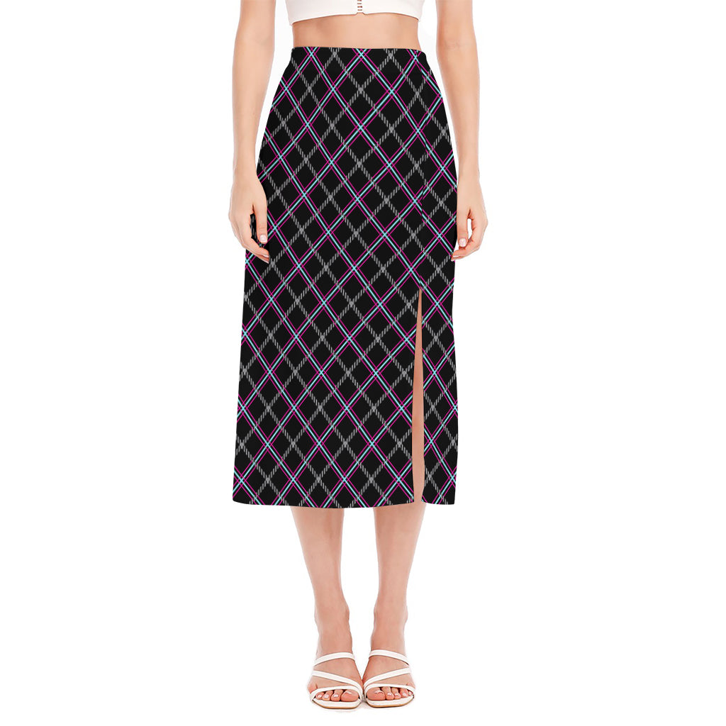 Black Grey Blue And Pink Tartan Print Side Slit Midi Skirt