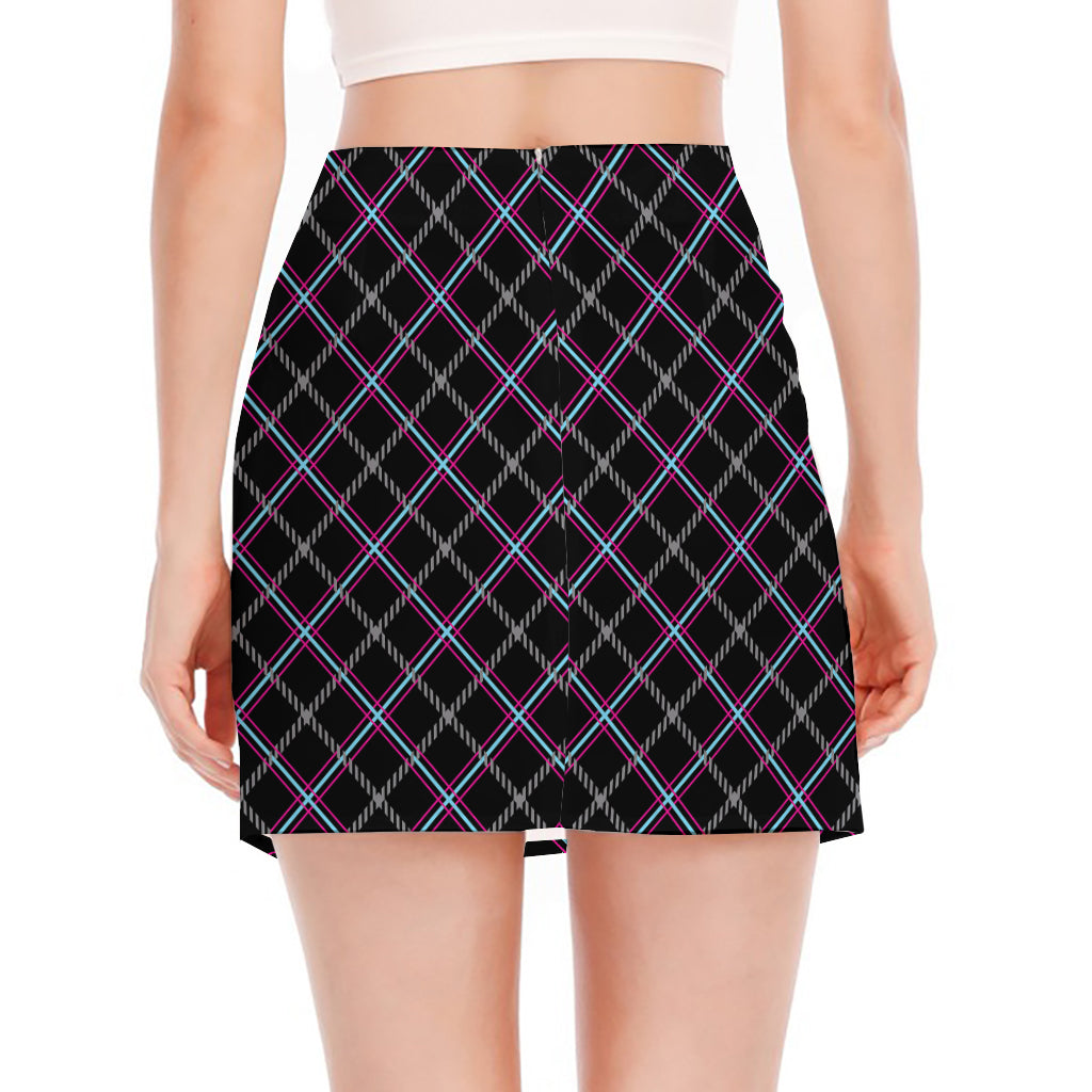 Black Grey Blue And Pink Tartan Print Side Slit Mini Skirt