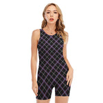 Black Grey Blue And Pink Tartan Print Sleeveless One Piece Swimsuit