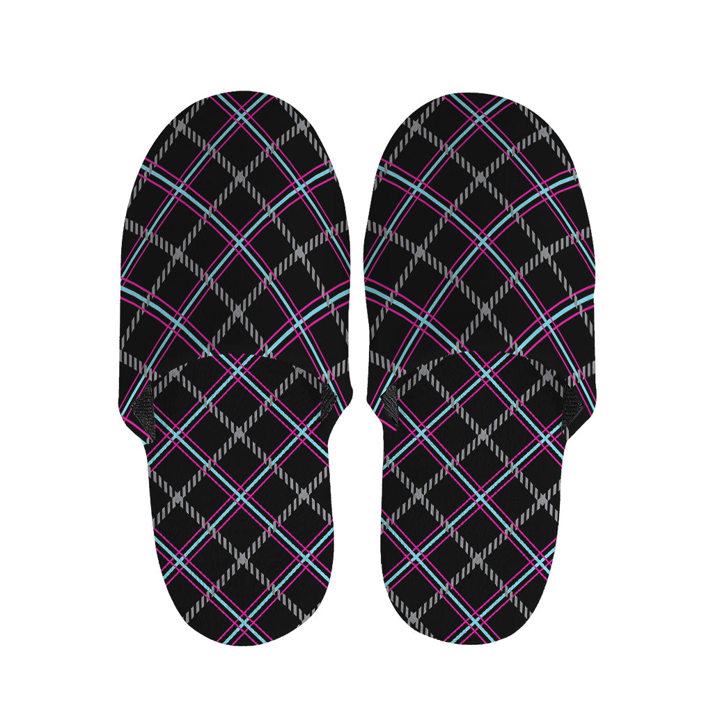 Black Grey Blue And Pink Tartan Print Slippers