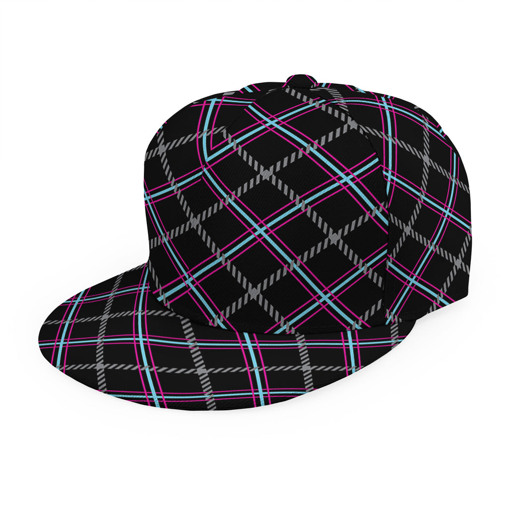 Black Grey Blue And Pink Tartan Print Snapback Cap