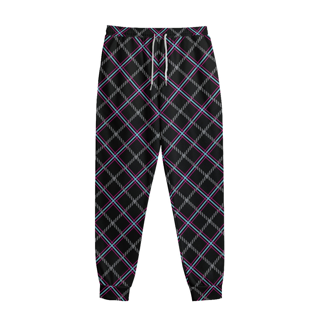 Black Grey Blue And Pink Tartan Print Sweatpants